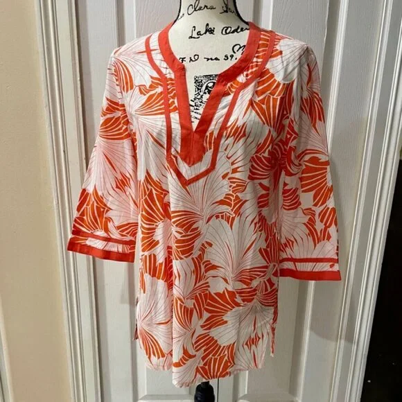 J.CREW TROPICAL PREPPY TUNIC MINI DRESS 3/4 SLEEVE FLORAL BOHO 70’ STYLE SZ M - Picture 2 of 13